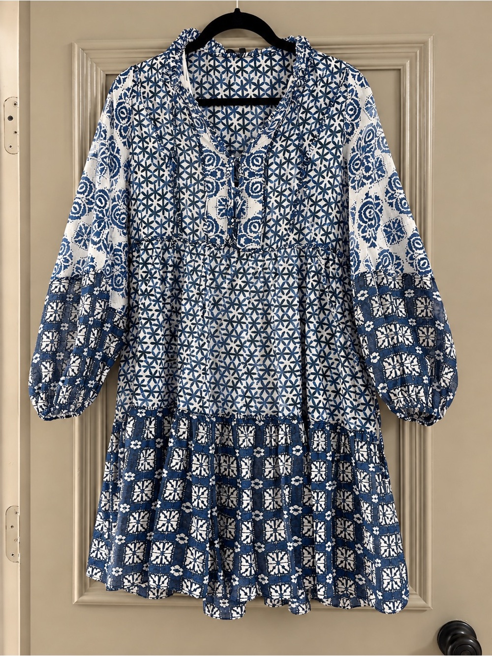 Maje Blue and White Printed Tiered Mini Dress